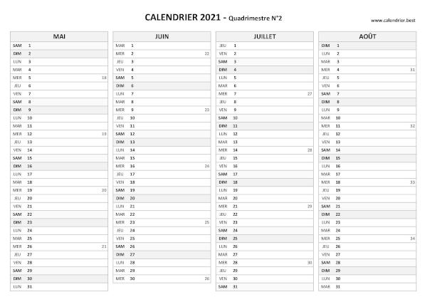 Calendrier quadrimestriel à imprimer pour les mois de mai, juin, juillet et août 2021 (Quadrimestre N°2), thème gris. Calendrier Quadrimestre N°2 2021 à imprimer (mois de mai, juin, juillet et août 2021).