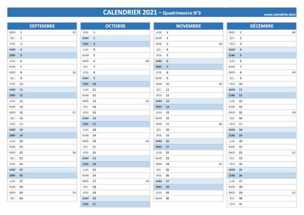 Calendrier quadrimestriel à imprimer pour les mois mois de septembre, octobre, novembre et décembre 2021 (Quadrimestre N°3), thème bleu. Calendrier Quadrimestre N°3 2021 à imprimer (mois de septembre, octobre, novembre et décembre 2021).