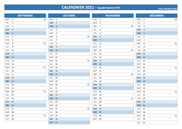 Calendrier Quadrimestre N°3 2021 à imprimer (mois de septembre, octobre, novembre et décembre 2021).