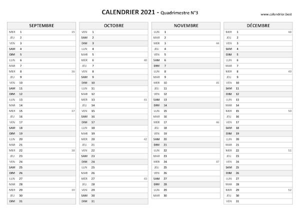 Calendrier Quadrimestre N°3 2021 à imprimer (mois de septembre, octobre, novembre et décembre 2021).