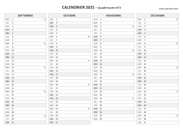 Calendrier quadrimestre N°3 2021 à imprimer (mois de septembre, octobre, novembre et décembre 2021).