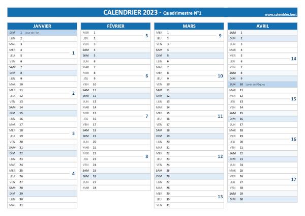 Calendrier pour le 1er quadrimestre de l'année 2023 à imprimer.