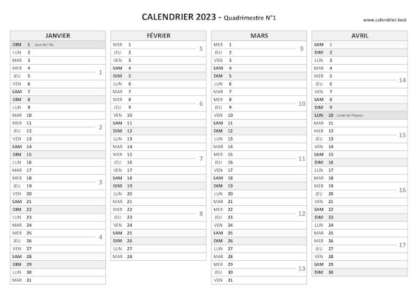 Calendrier quadrimestre N°1 2023 à imprimer (mois de janvier, février, mars et avril 2023).