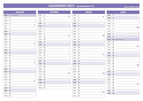 calendrier 2023 à imprimer par quadrimestre (1 page par quadrimestre)