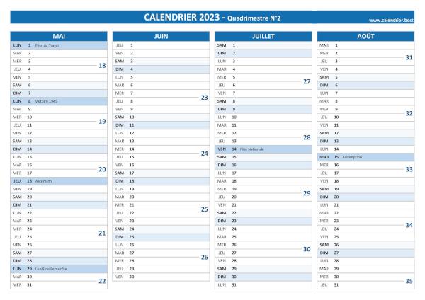 Calendrier quadrimestre N°2 2023 à imprimer (mois de mai, juin, juillet et août 2023).