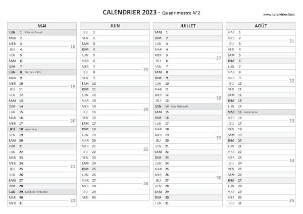 Calendrier quadrimestre N°2 2023 à imprimer (mois de mai, juin, juillet et août 2023).