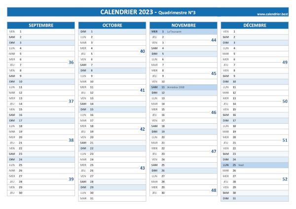 Calendrier quadrimestriel à imprimer pour les mois mois de septembre, octobre, novembre et décembre 2023 (Quadrimestre N°3), thème bleu. Calendrier Quadrimestre N°3 2023 à imprimer (mois de septembre, octobre, novembre et décembre 2023).