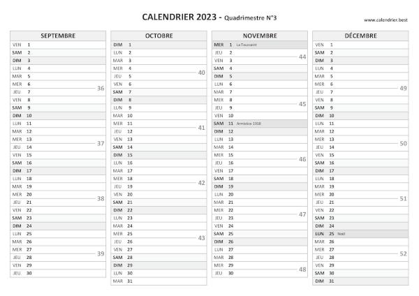 Calendrier Quadrimestre N°3 2023 à imprimer (mois de septembre, octobre, novembre et décembre 2023).