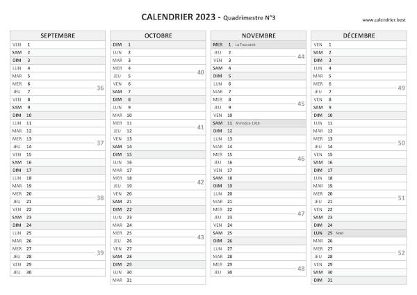 Calendrier quadrimestre N°3 2023 à imprimer (mois de septembre, octobre, novembre et décembre 2023).