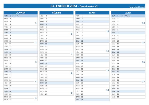 Calendrier quadrimestre N°1 2024 à imprimer (mois de janvier, février, mars et avril 2024).