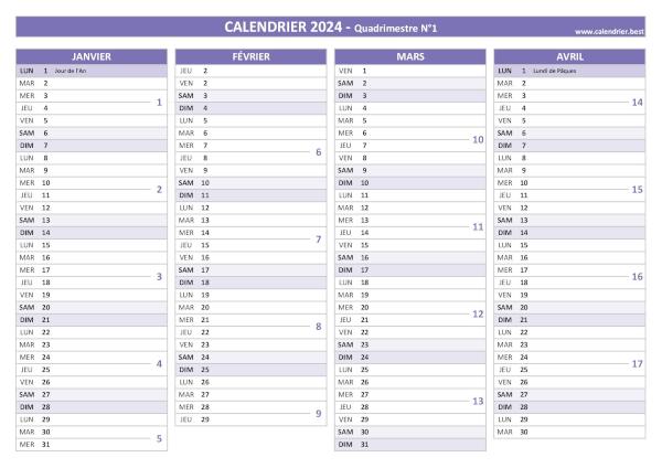 calendrier 2024 à imprimer par quadrimestre (1 page par quadrimestre)