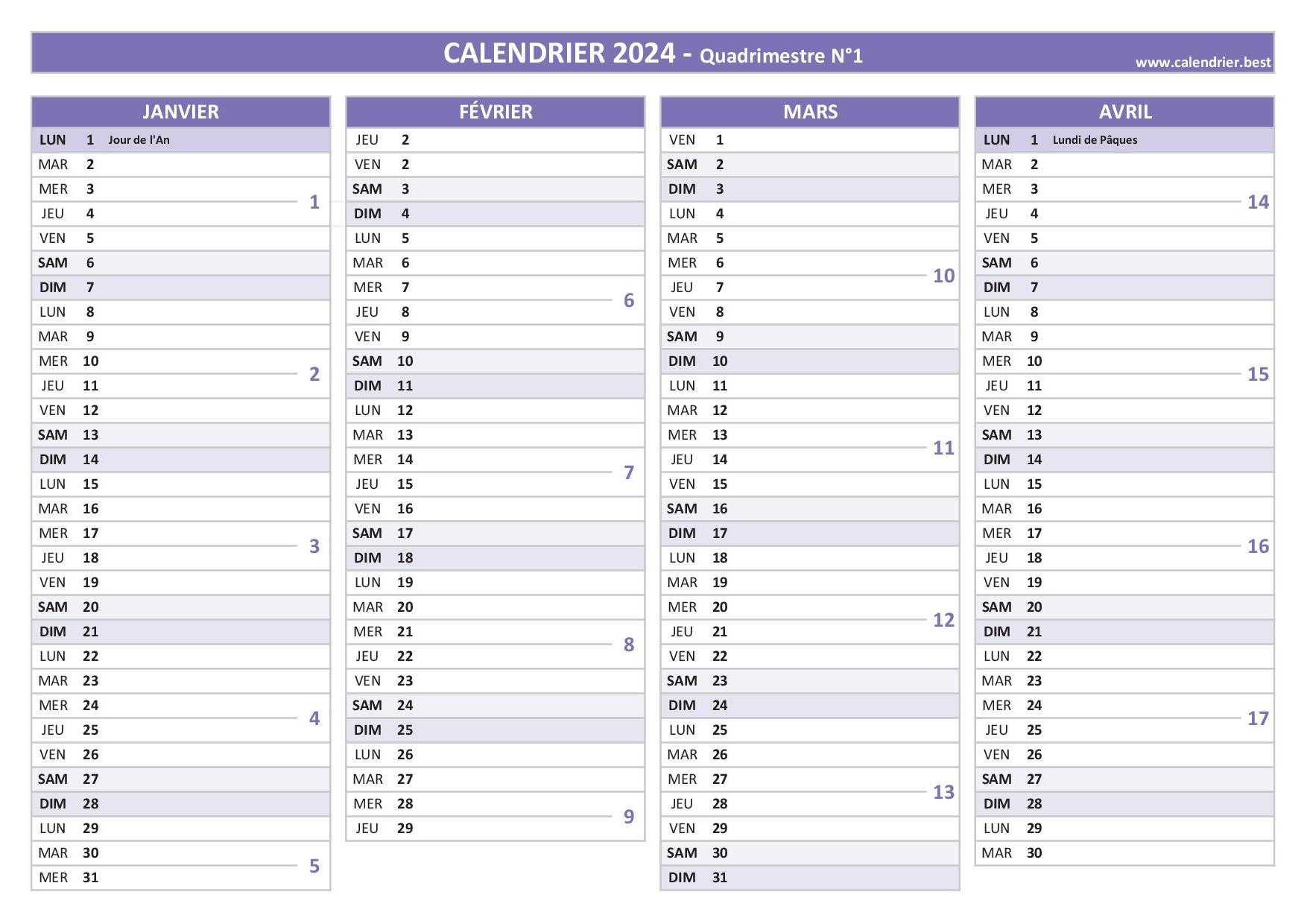 Calendrier pour le 3ème quadrimestre 2024 : mois de septembre, octobre,  novembre et décembre 2024