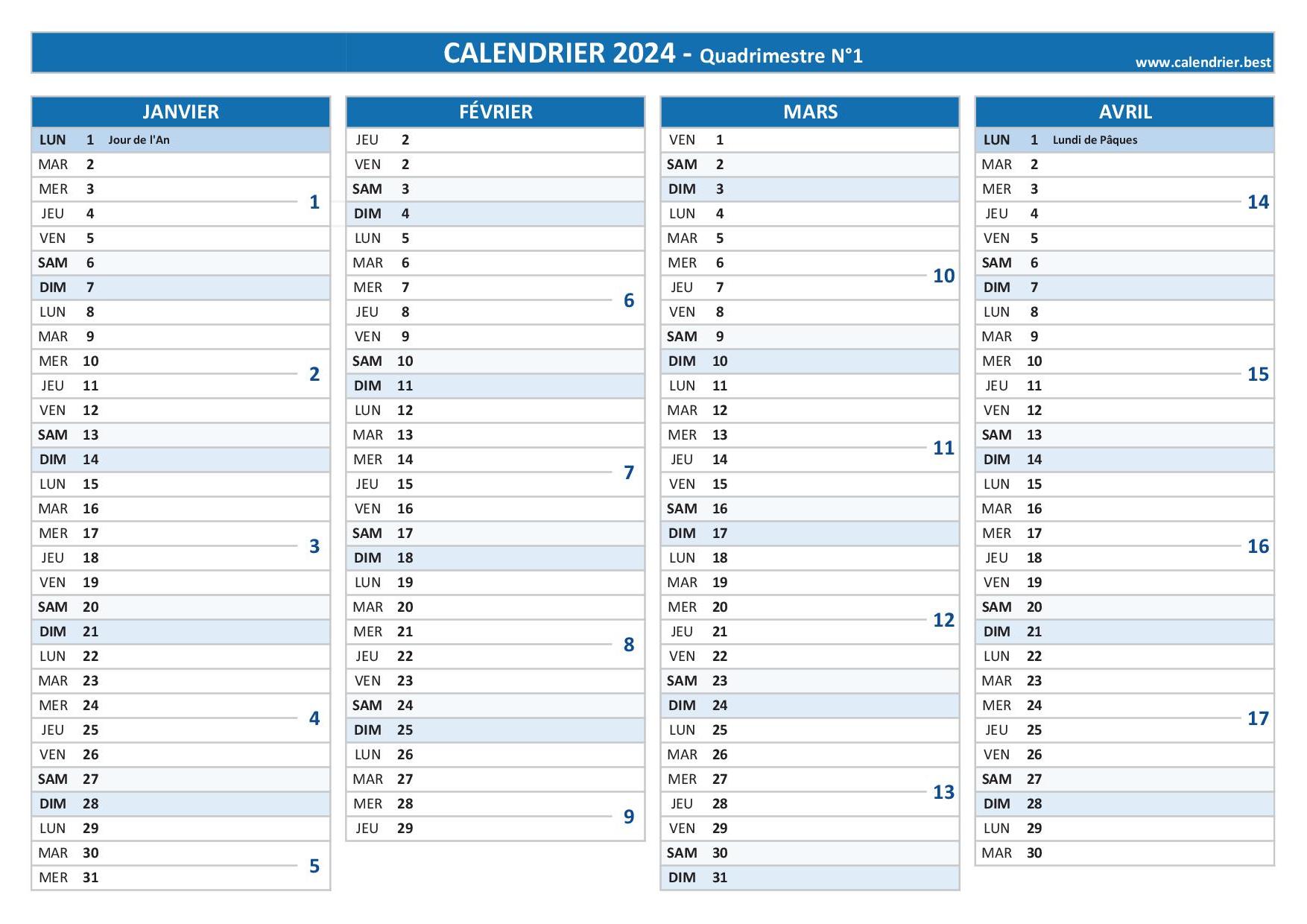 Calendrier Février à Avril 2024