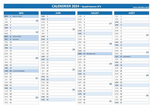 Calendrier quadrimestre N°2 2024 à imprimer (mois de mai, juin, juillet et août 2024).