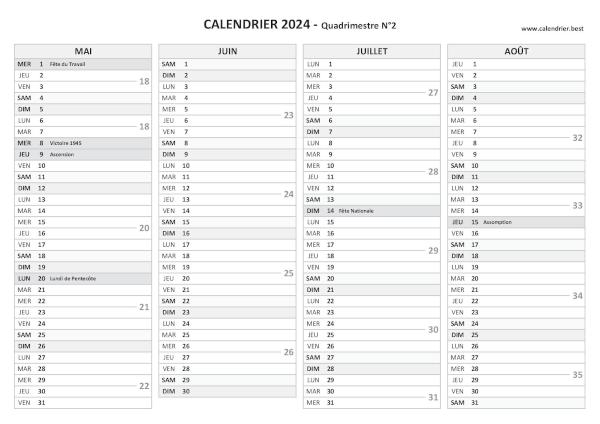 Calendrier Quadrimestre N°2 2024 à imprimer (mois de mai, juin, juillet et août 2024).