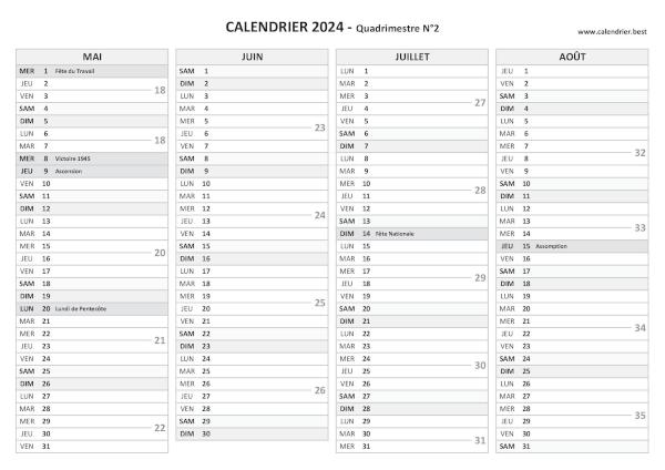 Calendrier quadrimestre N°2 2024 à imprimer (mois de mai, juin, juillet et août 2024).