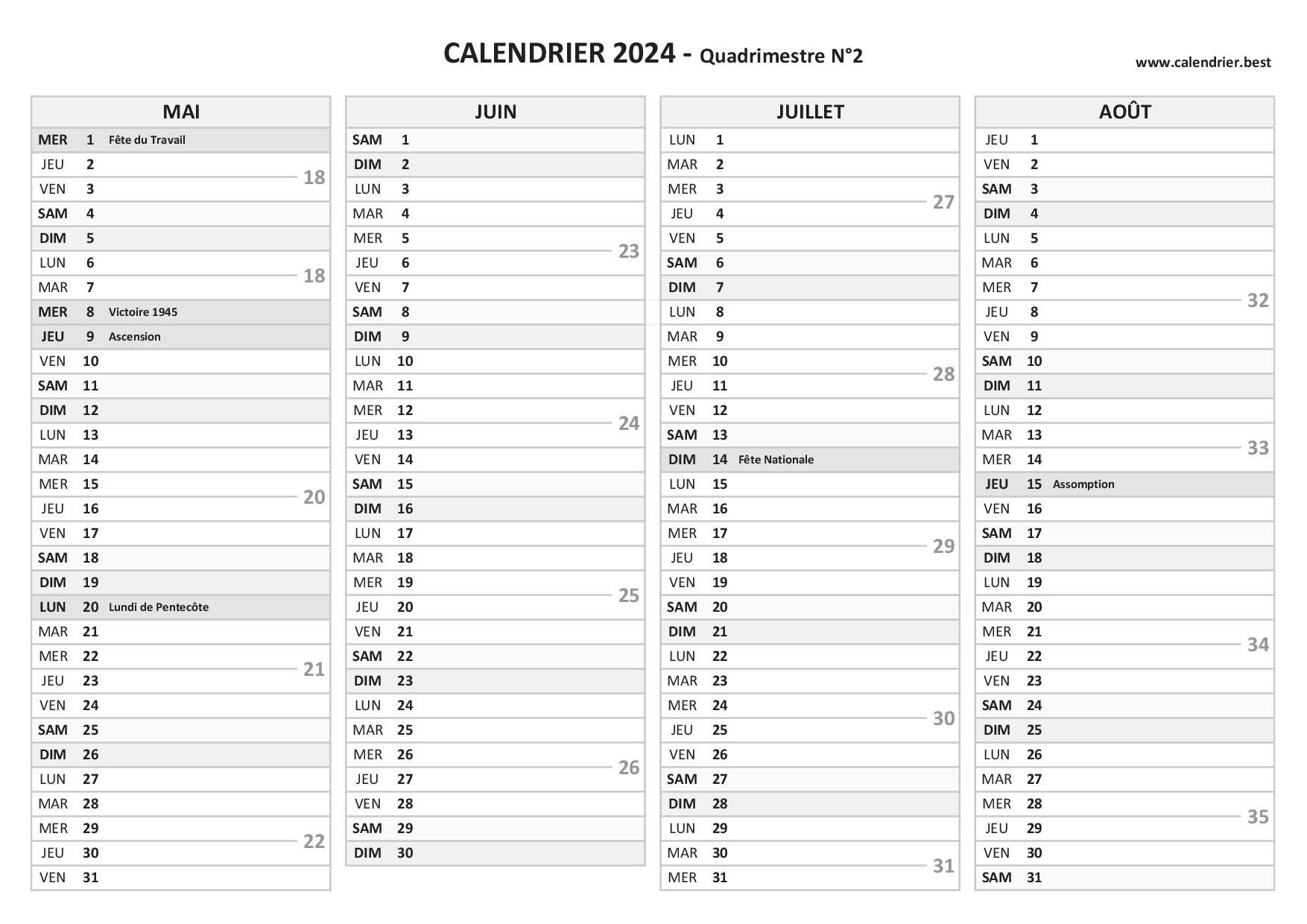 Calendrier pour le 3ème quadrimestre 2024 : mois de septembre, octobre,  novembre et décembre 2024