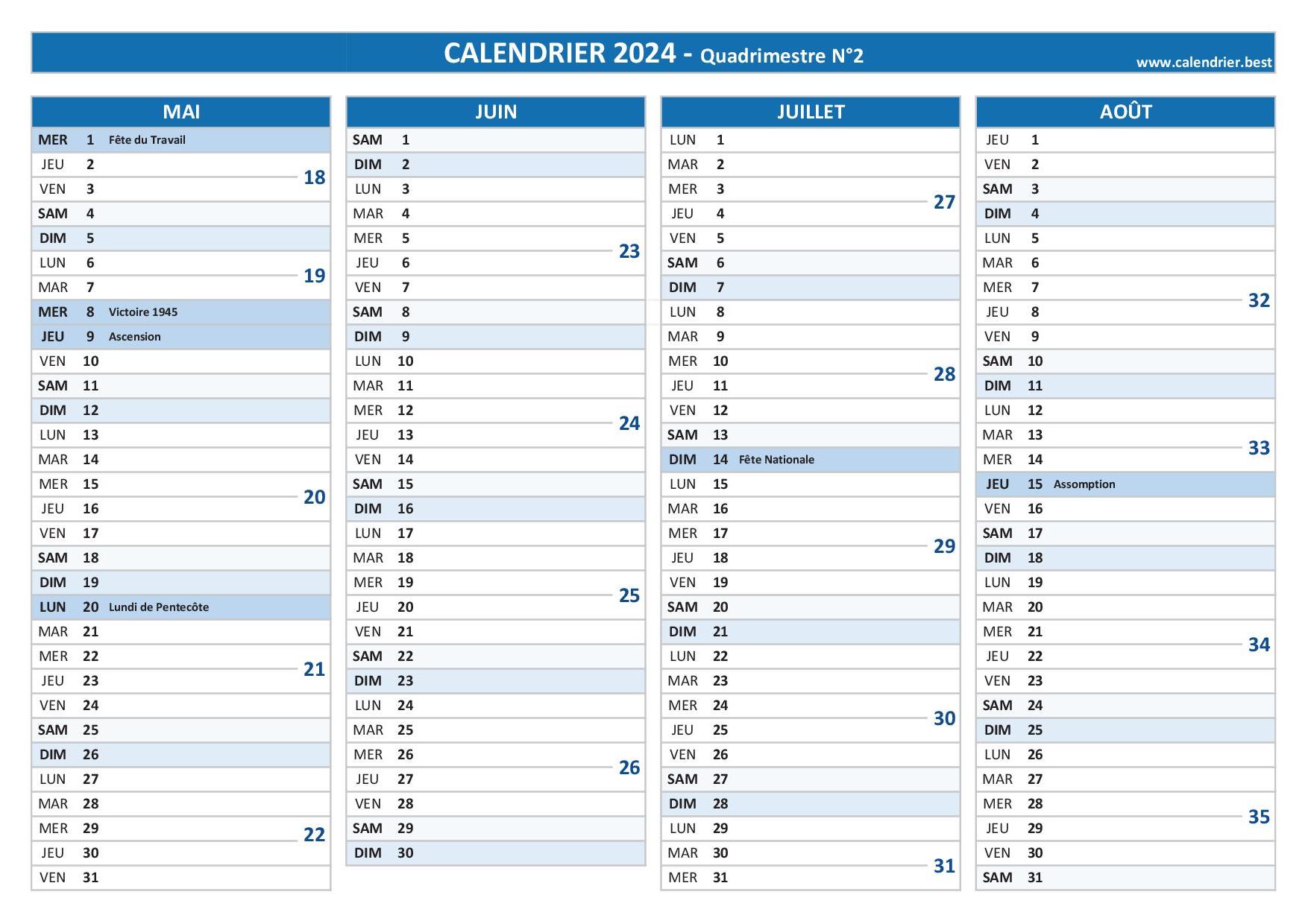 Calendrier 2024 Quadrimestriel à Imprimer