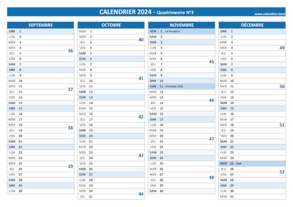 Calendrier Quadrimestre N°3 2024 à imprimer (mois de septembre, octobre, novembre et décembre 2024).