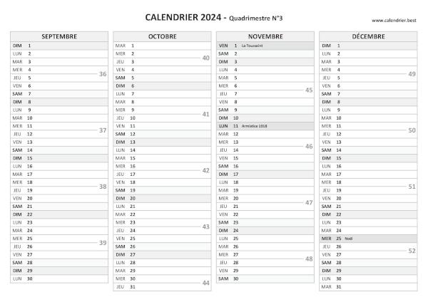 Calendrier Quadrimestre N°3 2024 à imprimer (mois de septembre, octobre, novembre et décembre 2024).