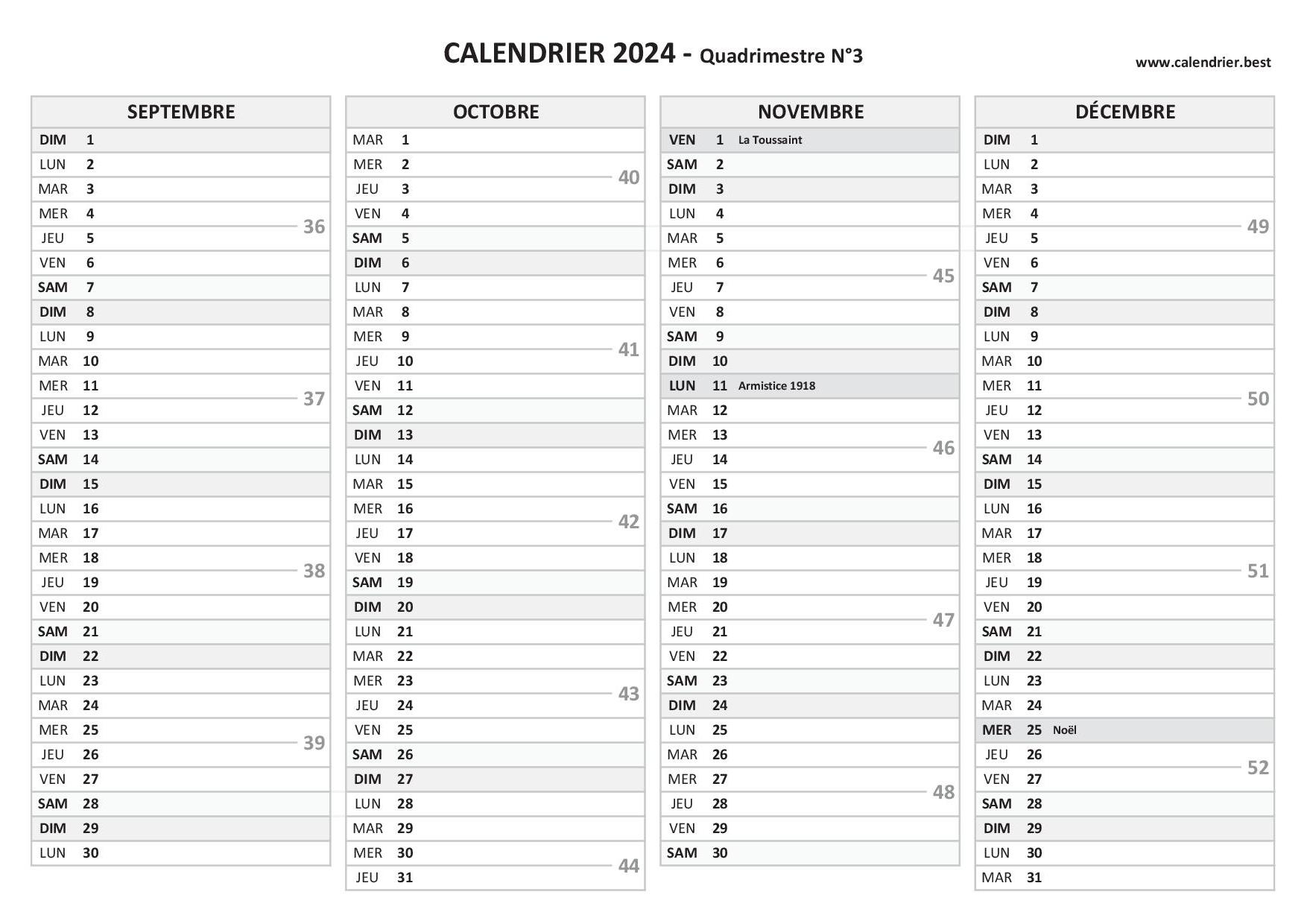 Calendrier pour le 3ème quadrimestre 2024 : mois de septembre, octobre,  novembre et décembre 2024