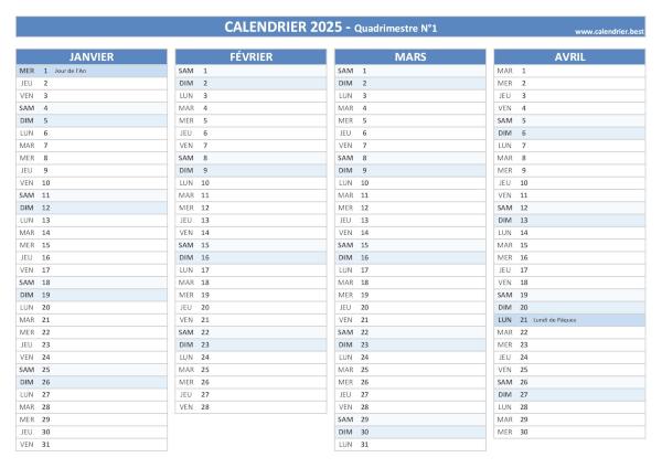 Calendrier quadrimestre N°1 2025 à imprimer (mois de janvier, février, mars et avril 2025).