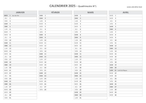 calendrier 2025 à imprimer par quadrimestre (1 page par quadrimestre)
