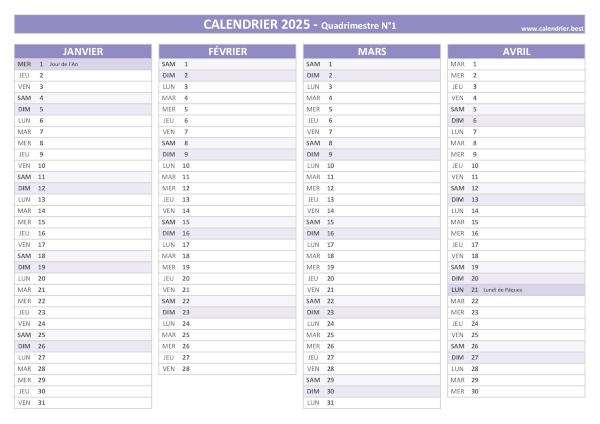 calendrier 2025 à imprimer par quadrimestre (1 page par quadrimestre)