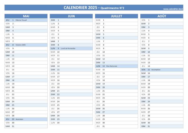 Calendrier quadrimestriel à imprimer pour les mois de mai, juin, juillet et août 2025 (Quadrimestre N°2), thème bleu. Calendrier Quadrimestre N°2 2025 à imprimer (mois de mai, juin, juillet et août 2025).
