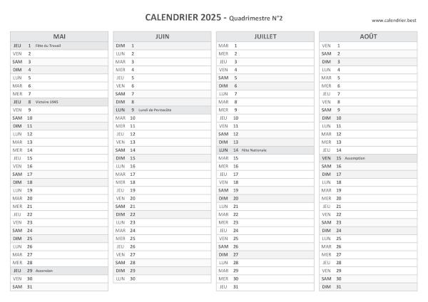 Calendrier Quadrimestre N°2 2025 à imprimer (mois de mai, juin, juillet et août 2025).