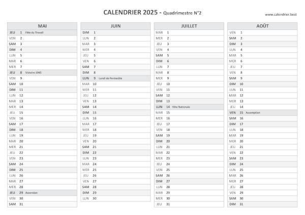 Calendrier quadrimestre N°2 2025 à imprimer (mois de mai, juin, juillet et août 2025).