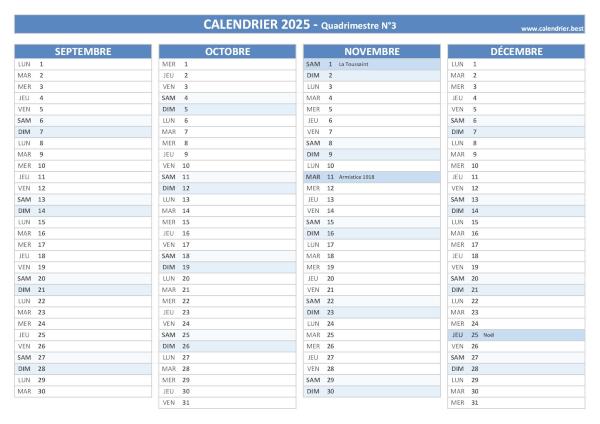 Calendrier quadrimestre N°3 2025 à imprimer (mois de septembre, octobre, novembre et décembre 2025).