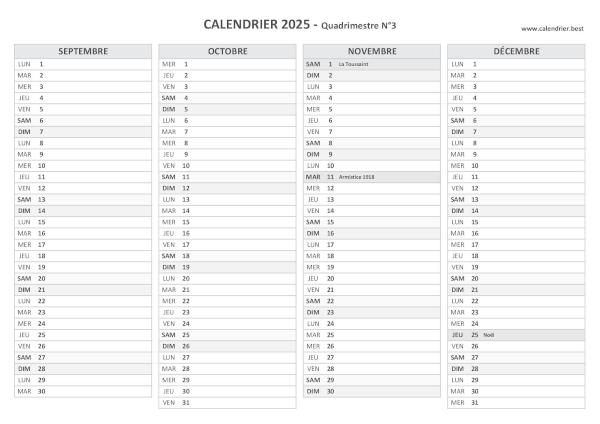 Calendrier Quadrimestre N°3 2025 à imprimer (mois de septembre, octobre, novembre et décembre 2025).