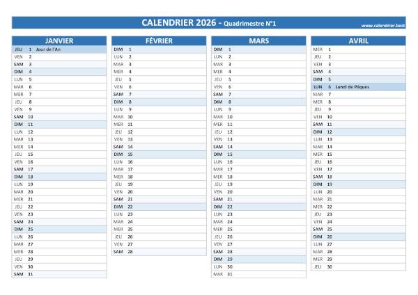 Calendrier quadrimestre N°1 2026 à imprimer (mois de janvier, février, mars et avril 2026).