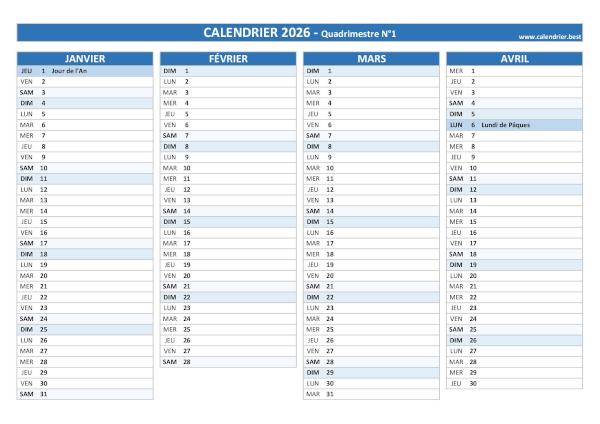 Calendrier pour le 1er quadrimestre de l'année 2026 à imprimer.