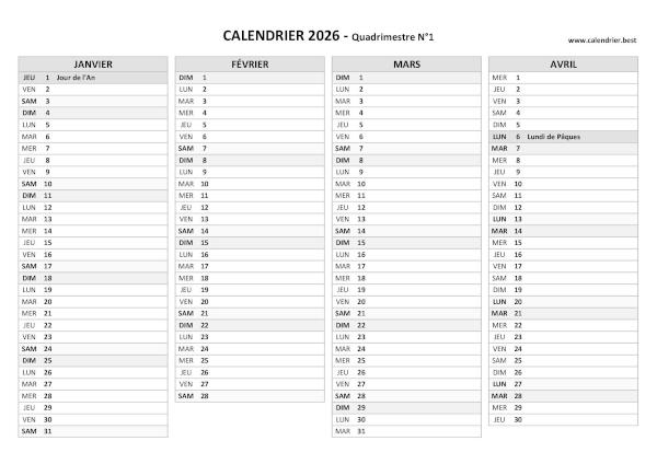 Calendrier quadrimestre N°1 2026 à imprimer (mois de janvier, février, mars et avril 2026).