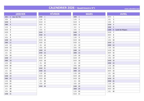 calendrier 2026 à imprimer par quadrimestre (1 page par quadrimestre)