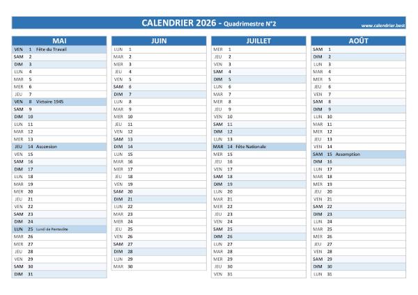 Calendrier quadrimestre N°2 2026 à imprimer (mois de mai, juin, juillet et août 2026).