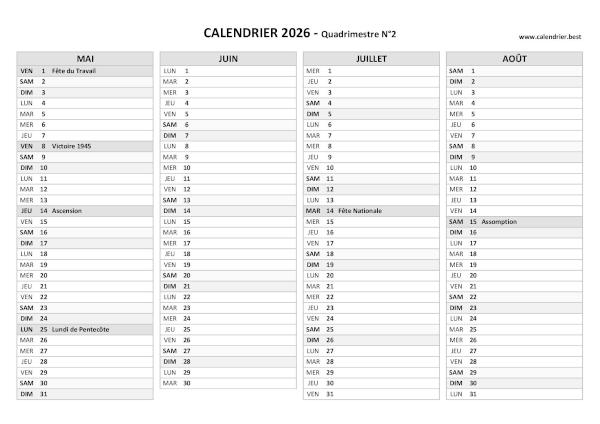 Calendrier quadrimestre N°2 2026 à imprimer (mois de mai, juin, juillet et août 2026).