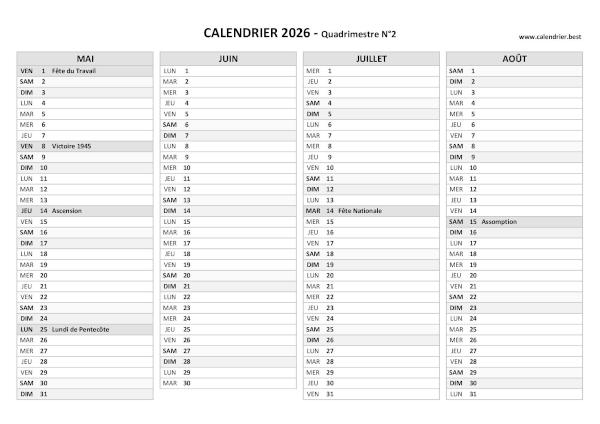 Calendrier Quadrimestre N°2 2026 à imprimer (mois de mai, juin, juillet et août 2026).