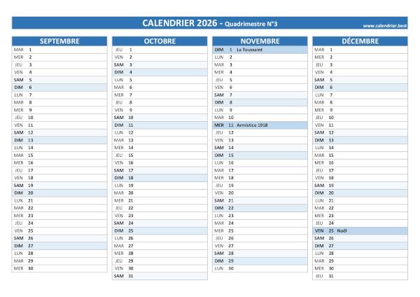 Calendrier quadrimestre N°3 2026 à imprimer (mois de septembre, octobre, novembre et décembre 2026).