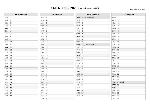 Calendrier quadrimestre N°3 2026 à imprimer (mois de septembre, octobre, novembre et décembre 2026).