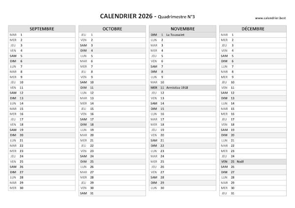 Calendrier Quadrimestre N°3 2026 à imprimer (mois de septembre, octobre, novembre et décembre 2026).