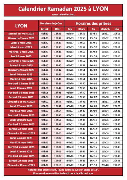 Horaires du jeûne et des prières - Calendrier imprimable pour Lyon. Calendrier du Ramadan 2025 à Lyon - Thème rouge.