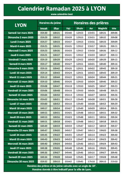 Horaires du Ramadan 2025 à Lyon - Calendrier imprimable. Calendrier du Ramadan 2025 à Lyon - Version verte.