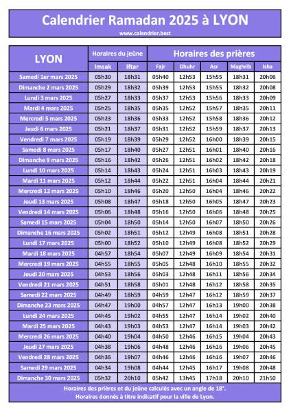 Calendrier des horaires de jeûne et de prières du Ramadan 2025 à Lyon. Calendrier du Ramadan 2025 à Lyon - Thème violet.
