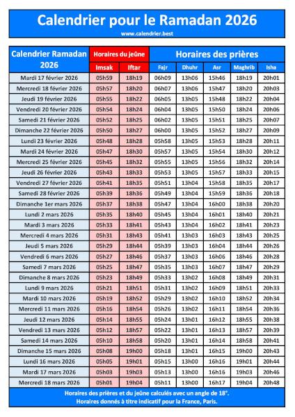 Calendrier Ramadan 2026 à imprimer avec les horaires du jeûne (Imsak et Iftar) et des 5 prières quotidiennes (Fajr, Dhuhr, Asr, Maghrib, Isha).