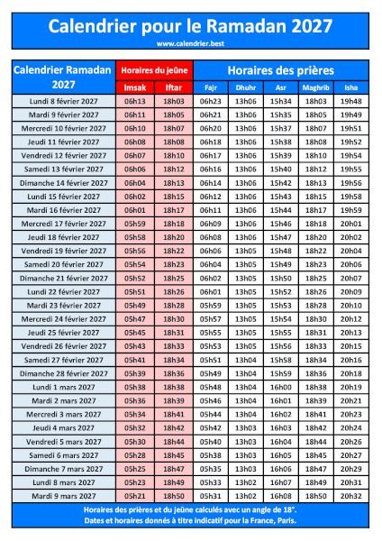 Calendrier Ramadan 2027 à imprimer avec les horaires du jeûne (Imsak et Iftar) et des 5 prières quotidiennes (Fajr, Dhuhr, Asr, Maghrib, Isha).