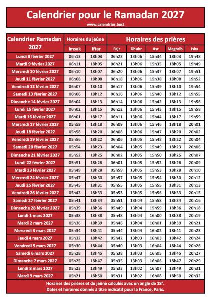 Calendrier Ramadan 2027 à imprimer avec les horaires du jeûne (Imsak et Iftar) et des 5 prières quotidiennes (Fajr, Dhuhr, Asr, Maghrib, Isha), thème rouge