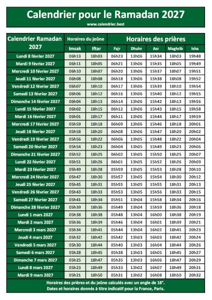 Calendrier Ramadan 2027 à imprimer avec les horaires du jeûne (Imsak et Iftar) et des 5 prières quotidiennes (Fajr, Dhuhr, Asr, Maghrib, Isha), thème vert